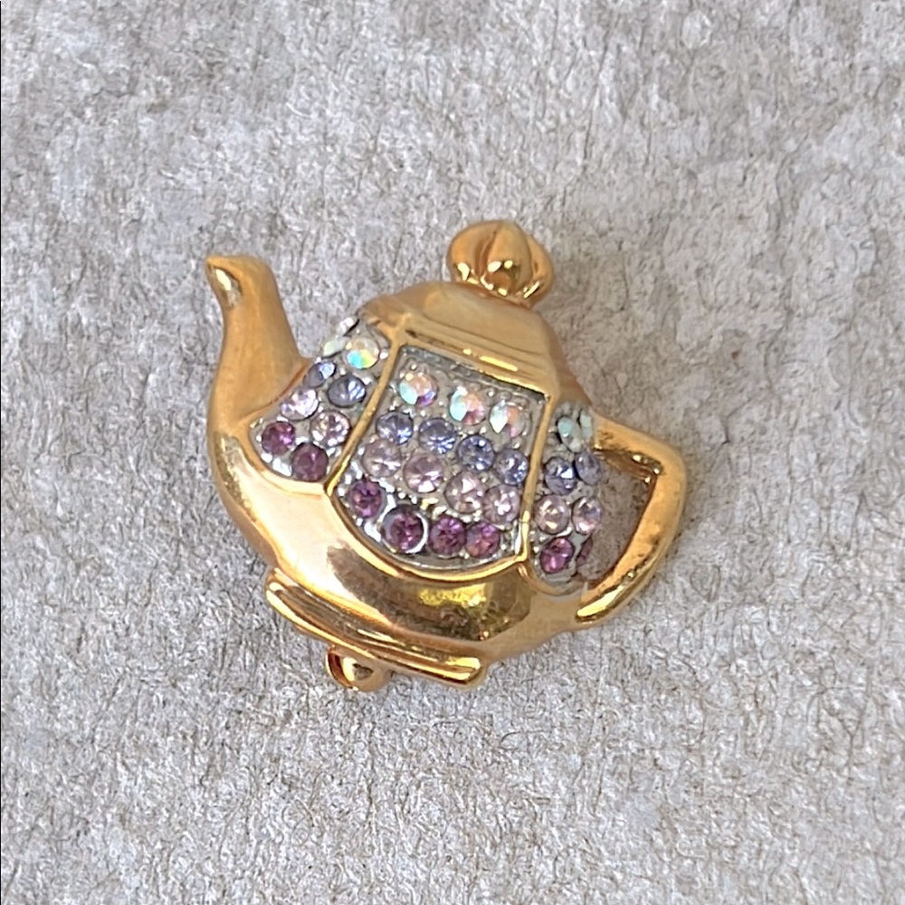 Gold Teapot Shaped Brooch Multicolor Crystals Rhinestones Shiny Jewelry Unique